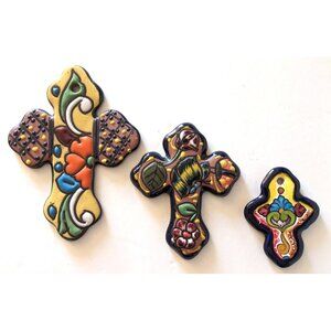 Lot of 3 Ceramex Mexican Ceramics Crosses Artisan Talavera Style Colorful Glazed